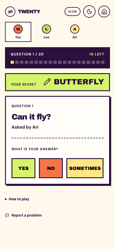 Twenty gameplay: friends ask Can it fly? and the word picker answers Yes, No, or Sometimes.
